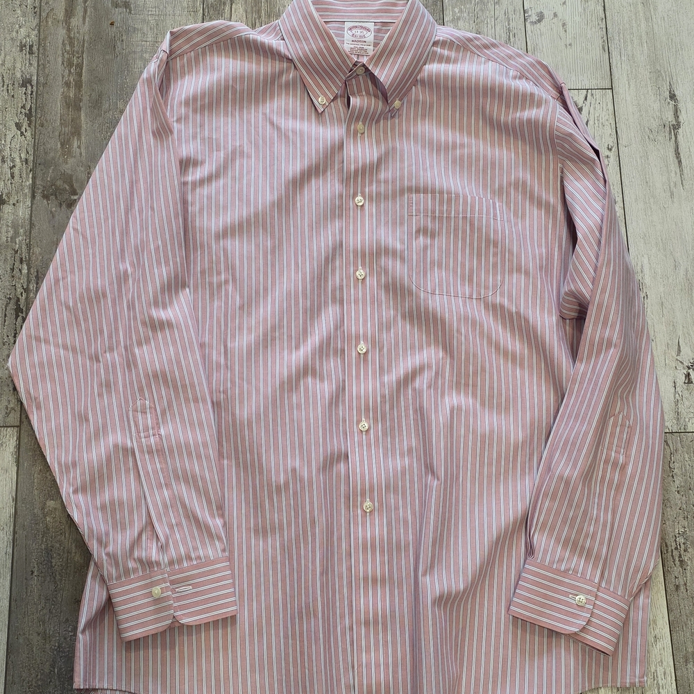 (17-35) Men's Brooks Brothers Madison Button Down Shirt Peach Striped Cotton